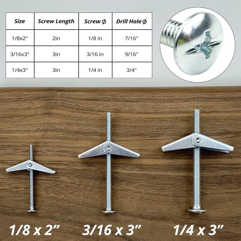 HASWARE Toggle Bolt 29 Pcs Zinc Plated Steel 1/8",3/16",1/4" and Wing Nut Assortment Kit for Hanging Heavy Items on Drywall - Image 2